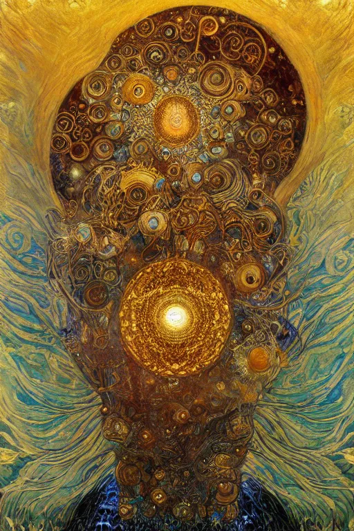 Image similar to Intermittent Chance of Chaos Muse by Karol Bak, Jean Deville, Gustav Klimt, and Vincent Van Gogh, enigma, destiny, fate, unearthly gears, otherworldly, fractal structures, prophecy, ornate gilded medieval icon, third eye, spirals