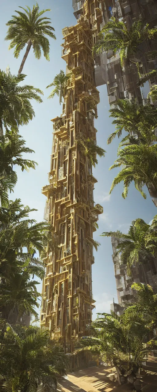 Image similar to solarpunk, eye level view of a contemporary babylon tower, golden intricate details, stone facade, sacred architecture, hanging gardens, cascading highrise, arid mountains with lush palm forest, photorealistic, sunlight, post - production, octane, cgi, sfx