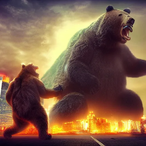 Prompt: a giant angry bear fighting with godzilla in the city, photomanipulation, photoshop, digital art