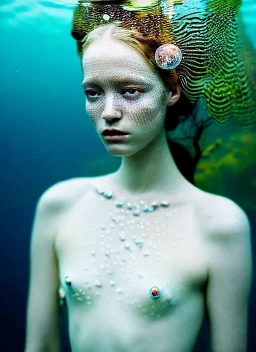 Image similar to kodak portra 4 0 0 photo portrait of a beautiful sirens floating in a crystal tank in style of tim walker, amphibian skin dress intricate detailed scales, 5 0 mm lens, f 2. 4, elegant, highly detailed, sharp focus, ethereal, out worldly colours, emotionally evoking, head in focus, soft blur light dreamy underwater, volumetric lighting, epic fantasy