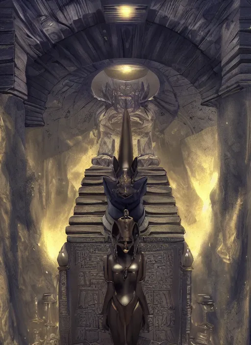 Image similar to anubis guarding the entrance to the mausoleum, concept art, digital illustration, trending on artstation, deviantart, artgerm, epic composition, masterpiece, highly detailed, advanced technique, realistic, ambient lighting, wlop, ross draws