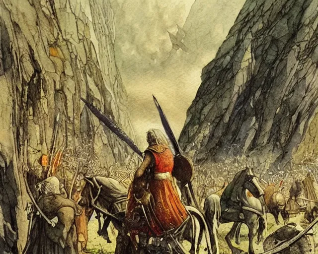 Prompt: “Culhwch and his finest warriors set off on a quest, a watercolour illustration of the Medieval Welsh Epic, The Mabinogion by Alan Lee”