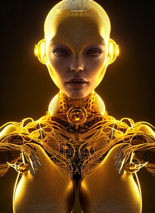 Prompt: portrait of an absurdly beautiful, graceful, sophisticated, fashionable futuristic female golden mechanoid with sections of skin showing, glowing internal light, hyperdetailed illustration by irakli nadar and alexandre ferra, intricate linework, faberge, intricate gold linework, dark atmosphere, unreal engine 5 highly rendered, global illumination, radiant light, detailed and intricate environment