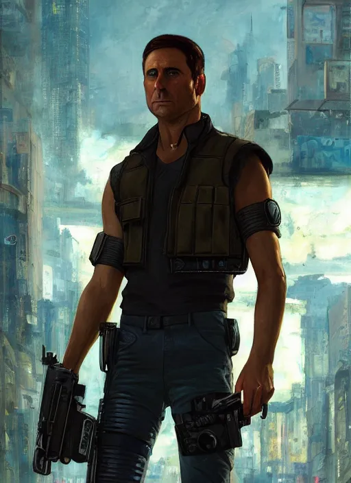 Image similar to sterling archer. cyberpunk mercenary in a military vest ( blade runner 2 0 4 9, cyberpunk 2 0 7 7 ). orientalist portrait by john william waterhouse and james gurney and theodore ralli and nasreddine dinet, oil on canvas. cinematic, hyper realism, realistic proportions, dramatic lighting, high detail 4 k