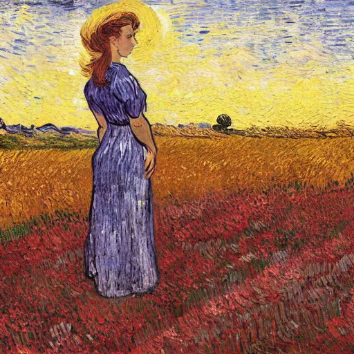 Prompt: Fair skinned young woman, large field, flowers, beautiful, art, 8k, sunset, skyline, young woman in a summer dress, facing towards sky, wind, trees in background, picking flowers, summer night, dynamic lighting, Vincent van Gogh oil painting, off center, large brush strokes, post impressionism, orange, yellow, red, blues, fine art, girl holding flowers and looking in distance