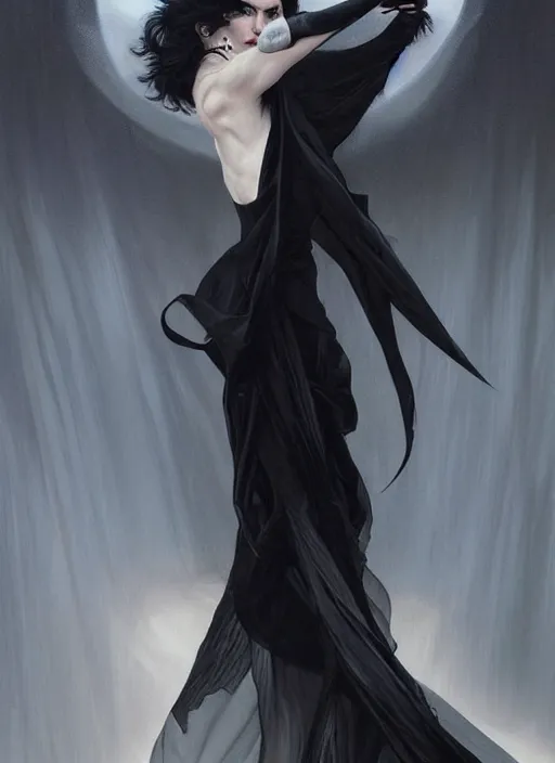 Prompt: portrait of a goth tall man with wind swept black hair wearing a futuristic long flowing black robe , intricate, elegant, highly detailed, digital painting, artstation, concept art, smooth, sharp focus, illustration, art by artgerm and greg rutkowski and alphonse mucha and francisco goya