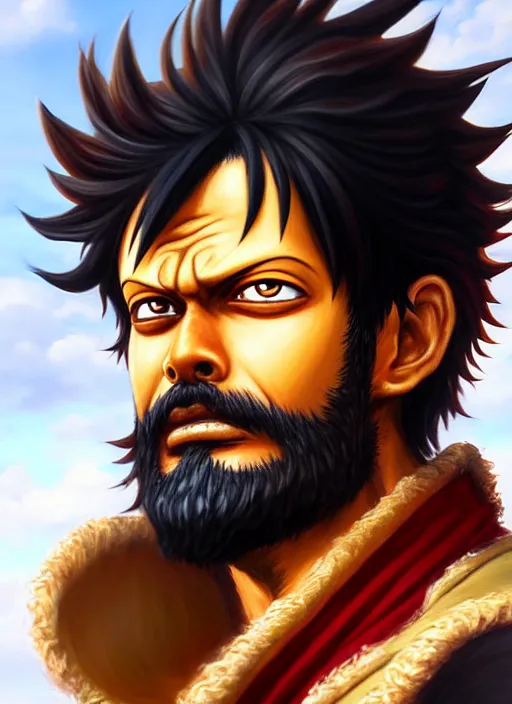 Image similar to luffy as _ fantasy _ style _ portrait _ painting _ of middle eastern male brown wavy hair beard, rpg dnd oil _ painting _ unreal _ 5 _ daz. _ rpg _ portrait _ extremely _ detailed _ artgerm _ greg _ rutkowski _ greg