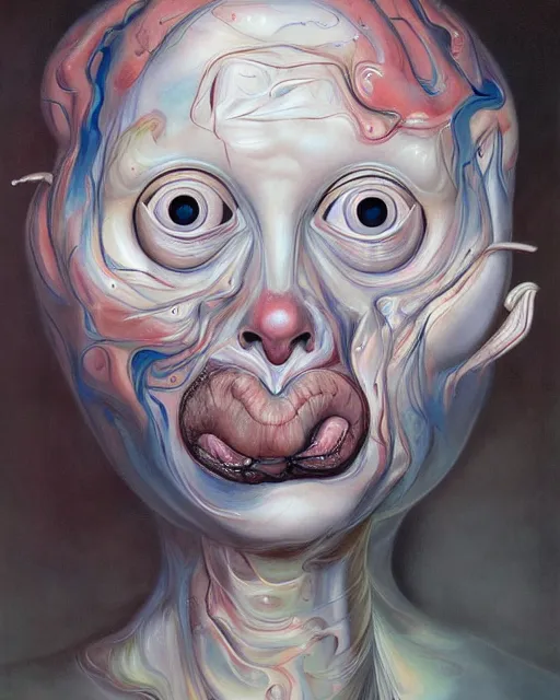 Image similar to strange surrealist, looming, biomorphic painting of a woman with large eyes, full body, pastel colours by james jean, charlie immer and jenny saville, fluid acrylic, airbrush art, timeless disturbing masterpiece