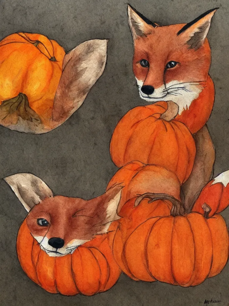 Image similar to autumn a fox with pumpkin watercolor by arti chauhan trending on artstation