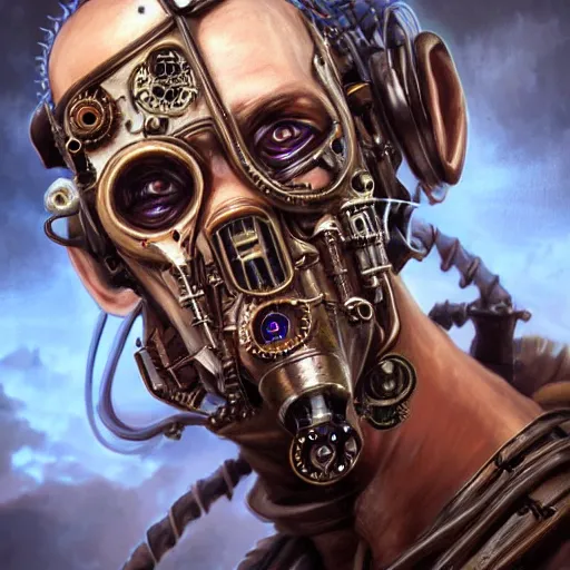 Image similar to portrait painting of evil steampunk cyborg tinkerer, technomagic, ultra realistic, concept art, intricate details, eerie highly detailed