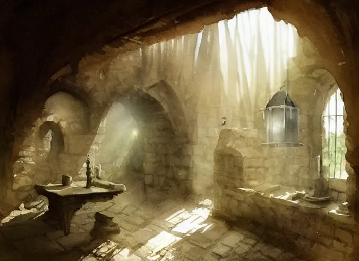 Prompt: watercolor painting of dark ruin cellar, stone walls, lantern, very beautiful ambient lighting, sun rays, dust, art by anders zorn, wonderful masterpiece by greg rutkowski, cinematic light, american romanticism by greg manchess, creation by tyler edlin