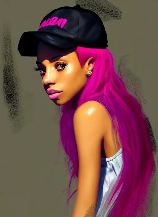 Image similar to portrait of teenage vanessa morgan with bright pink hair, black girl, vanessa morgan, curly pixie cut hair, wearing newsboy cap, newsboy cap, hoop earrings, intricate, elegant, glowing lights, highly detailed, digital painting, artstation, concept art, smooth, sharp focus, illustration, art by wlop, mars ravelo and greg rutkowski