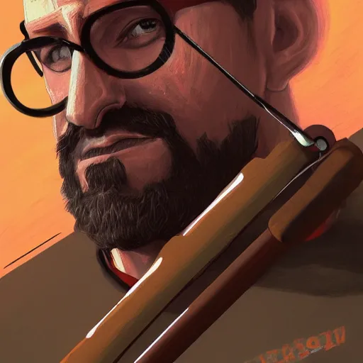 Prompt: A beautiful illustration and portrait of gordon freeman in his hev suit holding a crowbar, trending on artstation