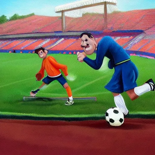 Prompt: beautiful lifelike painting of two bros having a sick time at rival soccer match in dog world, hyperreal detailed facial features and uv lighting, art by ed roth and basil wolverton