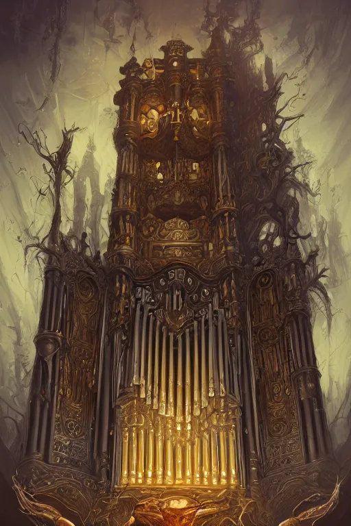 Image similar to illustration of close low angle view of an ornate obsidian gothic pipe organ with gold spidery embellishments, night, smoke, ground fog, by peter mohrbacher, by frank frazetta, by alex andreev, by vincent di fate, large depth of field, super detailed, digital art, trending on artstation, ornate