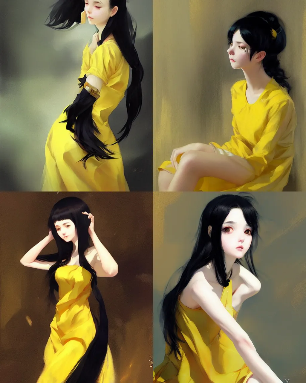 Prompt: girl with black hair and yellow dress, half - length photo, illustration, exquisite lighting, perfectly shaded, soft painting, art by wlop and krenz cushart and wenjun lin