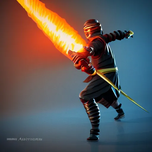 Image similar to a ninja with a sword in a fire background, 3 d render octane, trending on artstation