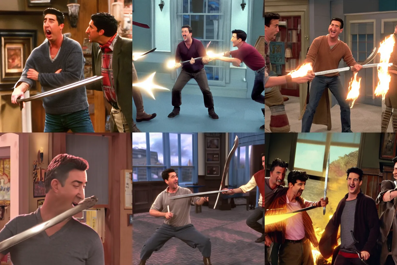 Prompt: chandler bing furiously screaming while holding a sword and lunging at ross geller, 'friends' Episode screenshot, 35mm film still, unreal 5, DAZ, hyperrealistic, octane render, Detailed Digital Art, dynamic lighting, Highly Detailed, Cinematic Lighting, Unreal Engine, 8k, HD