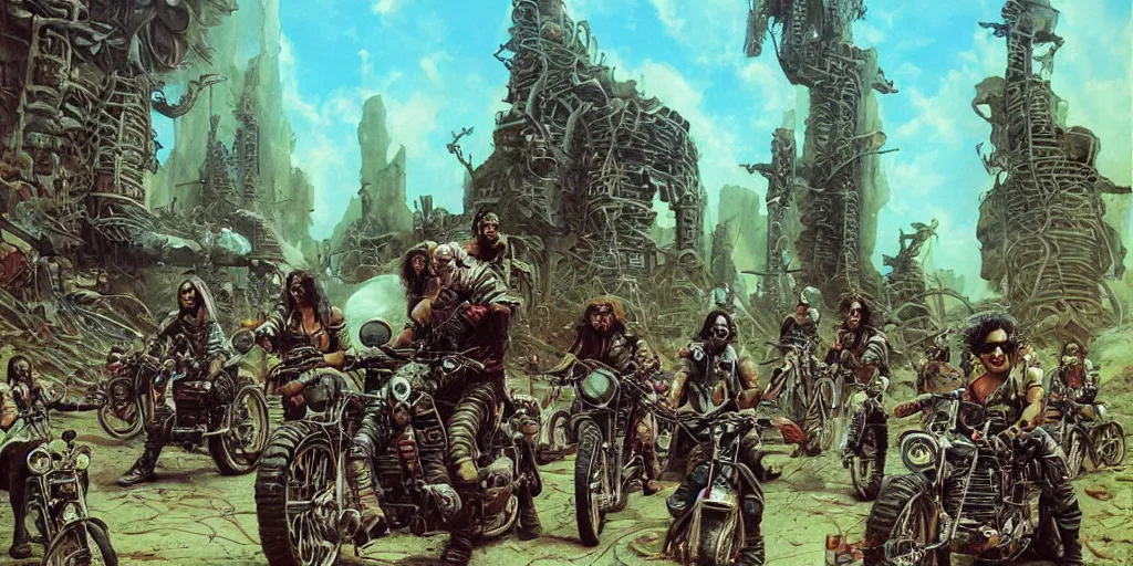 Image similar to psychedelic post apocalyptic orcish biker gang, scifi city ruins, sharp focus, psychedelic colors, boris vallejo, michael whelan