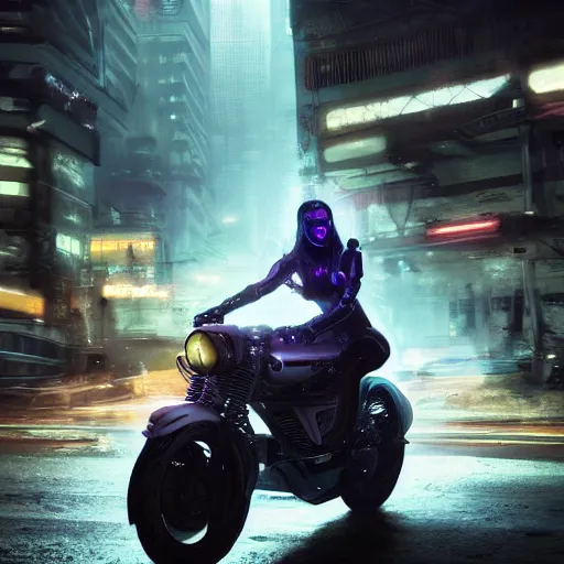 Prompt: ghostpunk woman riding a cyberpunk futuristic motorcycle in the city by eddie mendoza and greg rutkowsi, foggy, dark, moody, volumetric lighting, dirty