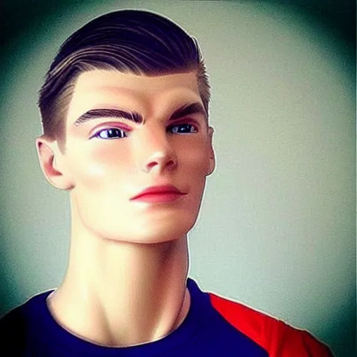 Image similar to “a realistic detailed photo of a guy who is an attractive humanoid who is half robot and half humanoid, who is a male android, Max Verstappen, shiny skin, posing like a statue, blank stare”