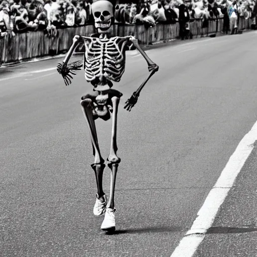 Image similar to A skeleton winning a marathon, award winning photograph