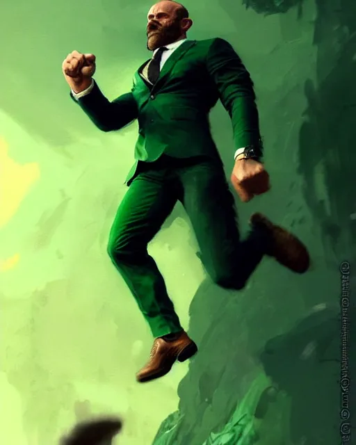Prompt: gigachad luigi jumping like jason statham in a green suit with a mustache, fantasy character portrait, ultra realistic, full body concept art, intricate details, highly detailed by greg rutkowski, ilya kuvshinov, gaston bussiere, craig mullins, simon bisley