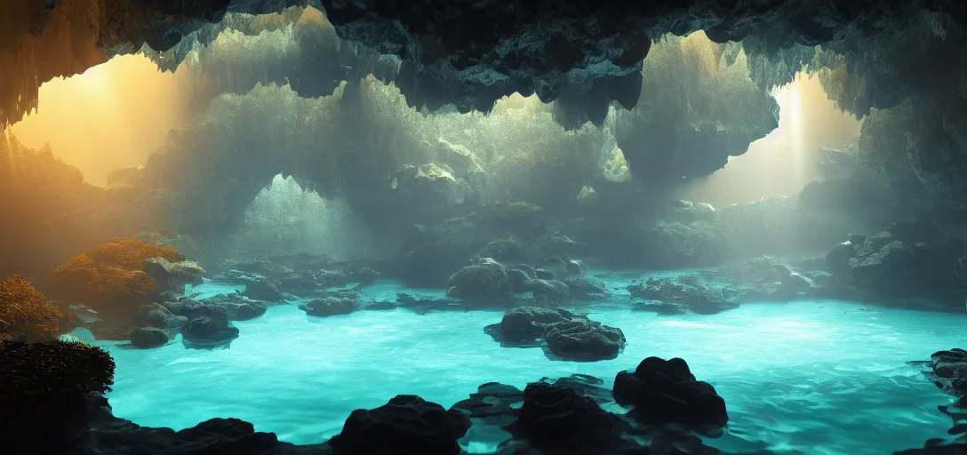 Prompt: beautiful view of an underwater cavern, glowing water with caustics, dark atmosphere, dappled light, reflections, light rays. refraction, symmetry, cinematic lighting, ultra detailed, sharp, ambient occlusion, bloom, raytracing, by dylan cole, sebastian meyer and jordan grimmer