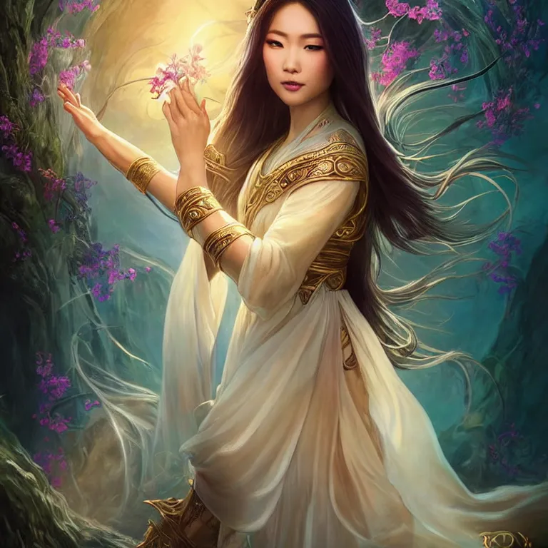 Image similar to beautiful cinematic fantasy poster, a beautiful vietnamese goddess wearing a long flowy ao yai with enbroidered flowers with flowing illuminated hair, beautiful glowing galaxy eyes, wideshot ultrawide angle epic scale, hybrid from The Elden Ring and art direction by Darius Zawadzki ;by artgerm; wayne reynolds art station; cinematic quality character render; low angle; ultra high quality model; production quality cinema model;