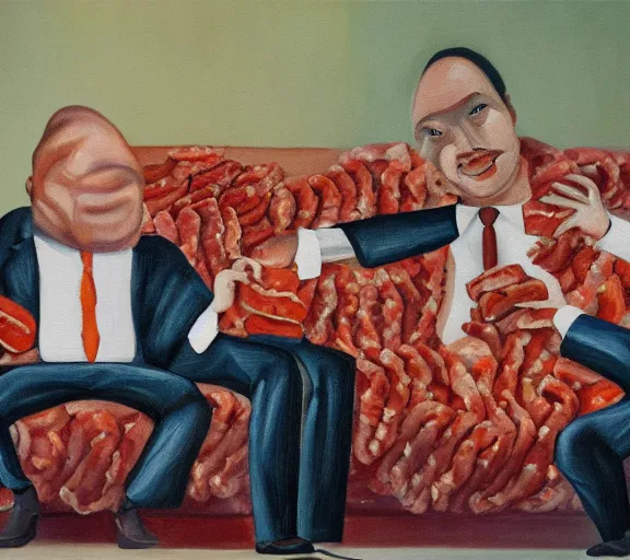 Image similar to oil painting of couch made out of meat, business men sitting on couch of meat and talking,