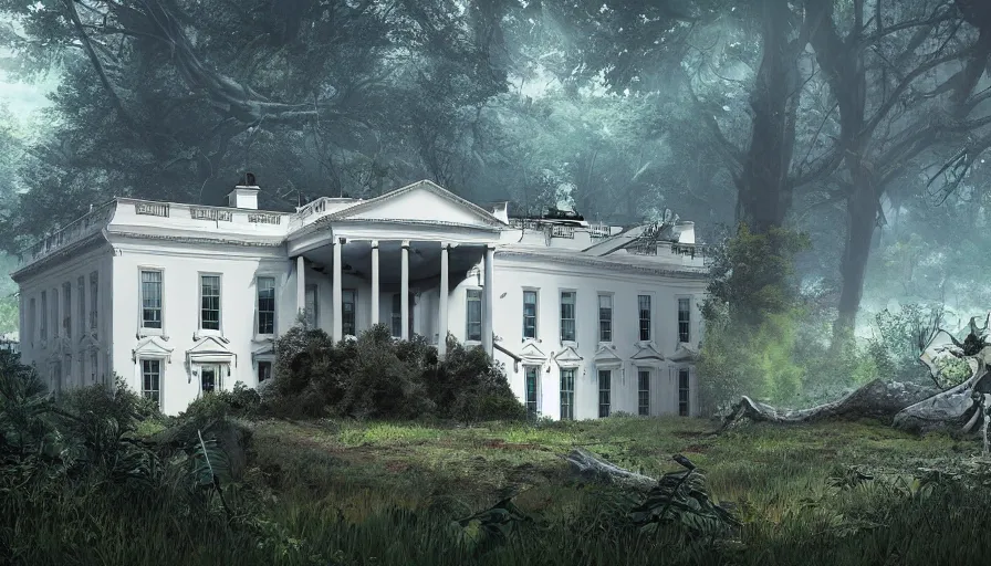 Prompt: Abandoned White House covered by vegetation, game art matte painting, hyperdetailed, artstation, cgsociety, 8k