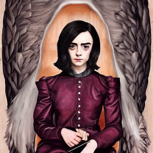 Image similar to a combination of Maisie Williams, Krysten Ritter, Anne Hathaway and Natalia Dwyer Christina Ricci and Lily Collins by Remedios Varo