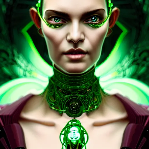 Prompt: woman with extremely large and intricate haircut with angry green eyes and slim features looking askance, eye cyberpunk bionics, retro futurist style, intricate, elegant gleaming intricate baroque jewelry, angelic halo, highly detailed, digital painting, artstation, concept art, smooth, sharp focus, illustration, art by wlop, mars ravelo and greg rutkowski,
