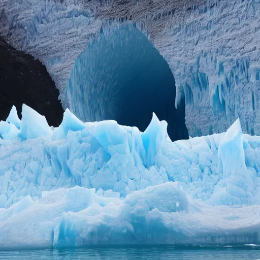 Image similar to a wide angle photograph taken on a kayak of a river with blue skies ahead and very tall blue frozen glaciers on the sides, rowing out of a frozen ice cave