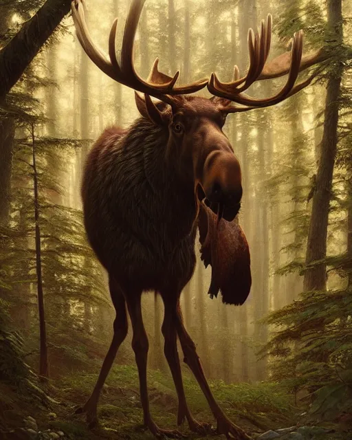 Image similar to highly detailed surreal vfx portrait of a sacred moose, stephen bliss, unreal engine, greg rutkowski, loish, rhads, beeple, makoto shinkai and lois van baarle, ilya kuvshinov, rossdraws, tom bagshaw, alphonse mucha, global illumination, detailed and intricate environment