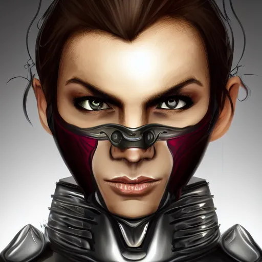 Prompt: head portrait, full faced, 35 years old women, strict, militaristic, medieval light armor, high detail, androgyny, digital art, medieval fantasy