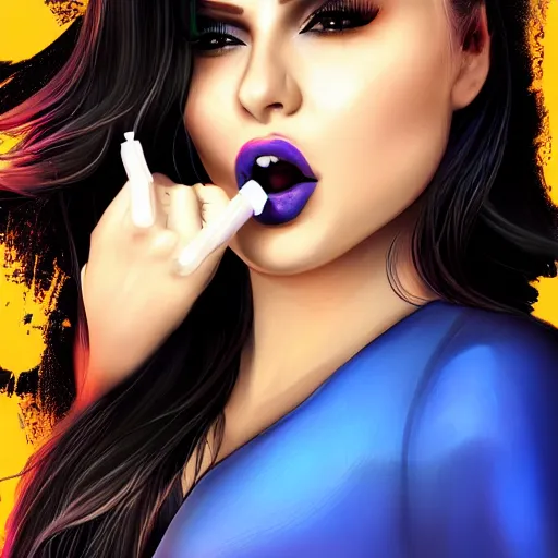 Image similar to portait of haifa wehbe, concept art, perfect lips eating lollipop, long hair centred, hd, very detailed curve, digital painting, unreal engine, amazing blue background theme