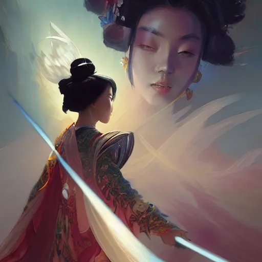 Image similar to chinese goddess emperess mulan in the style of craig mullins, greg rutkowski, peter mohrbacher, and drew struzan. epic, majestic, awe inspiring, god rays, fissures, divine, church painting, intricate armor, extreme detail, high octane, cartoonish