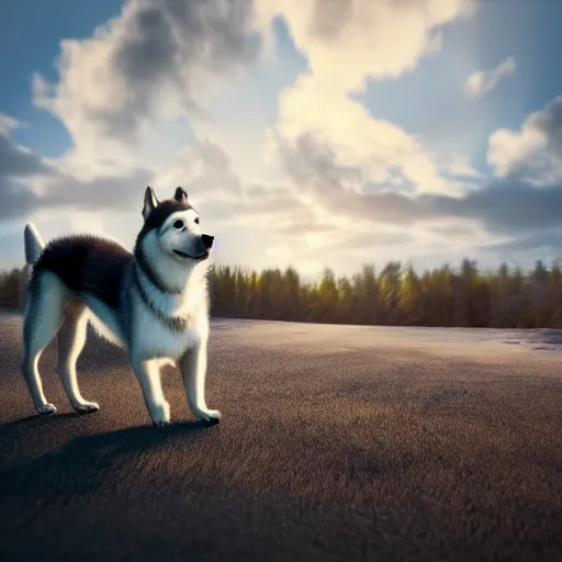 Prompt: husky dog mix terrier breed, best weather, best light, best drink. super realistic 8 k render of a elegant, cinematic composition
