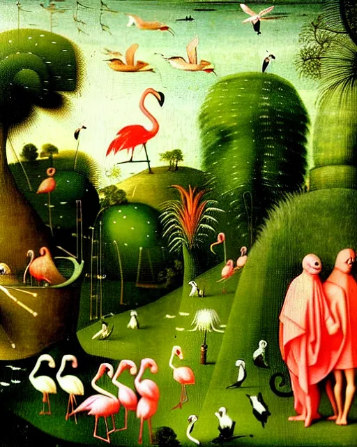 Prompt: paradise in the style of Hieronymus Bosch, cinematic, green trees, light athmosphere, sunny sky with little clouds, birds, flamingos, zebras, adam, eve, cats