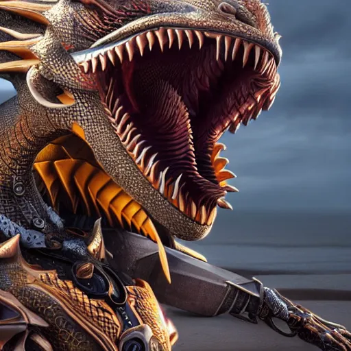 Prompt: a highly detailed close up of a beautiful majestic anthropomorphic robot female dragon, with smooth and streamlined mechanical armor, standing and posing elegantly on a beach, well detailed head with eyes and a maw, with sharp claws on her hands and feet, two arms, two legs, long tail, artstation, DeviantArt, professional, octane render, sunset lighting