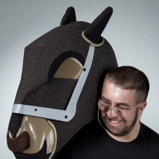 Image similar to man wearing horse head mask on shoulder of man