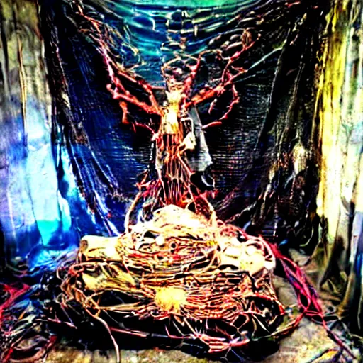 Image similar to 10,100 wemon worshipping the cybercore dragon angel pimp covered in wires damnatione emerging from cybercore damnation hell portal in the middle of my digusting dirty room, holy ceremony, heavens gate, low quality photo, flikr