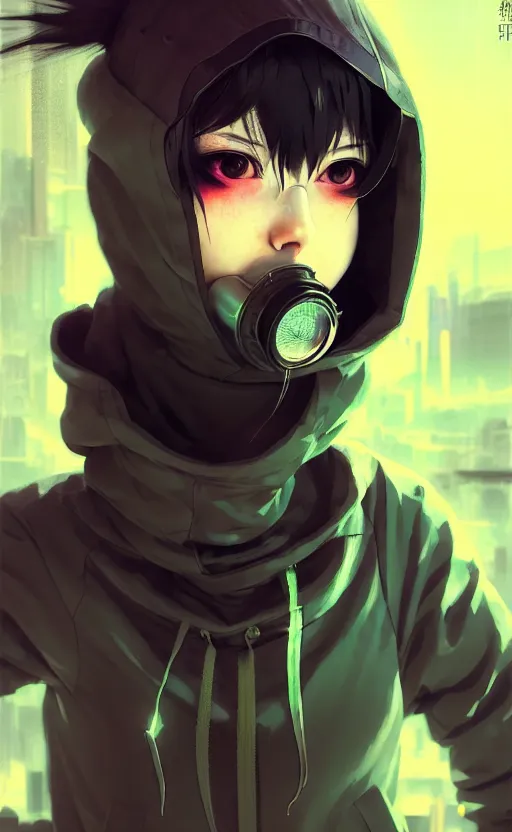 Image similar to cyberpunk anime girl in hoodie, cyberpunk gas mask, potrait, street night, grafity, beautiful face, grafity, arcane, action, tokyo street, detail, good face, pose model, concept art, in style of yoji shinkawa, pan ren wei, col price, atey ghailan, by greg rutkowski, aesthetic