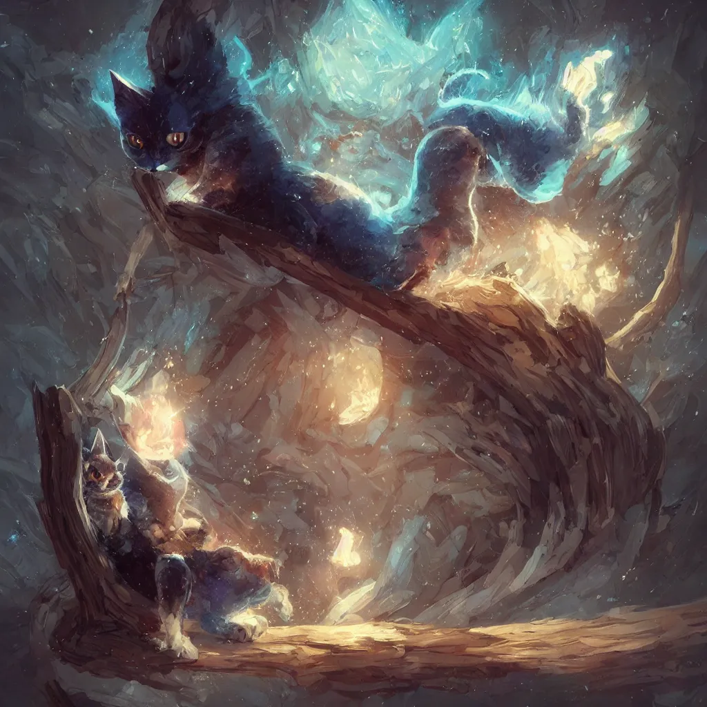 Image similar to anime cat with cloak laying on a magical wood carved chair, super powers, glowing tiny blue lines, concept art, by greg rutkowski, overdetailed art