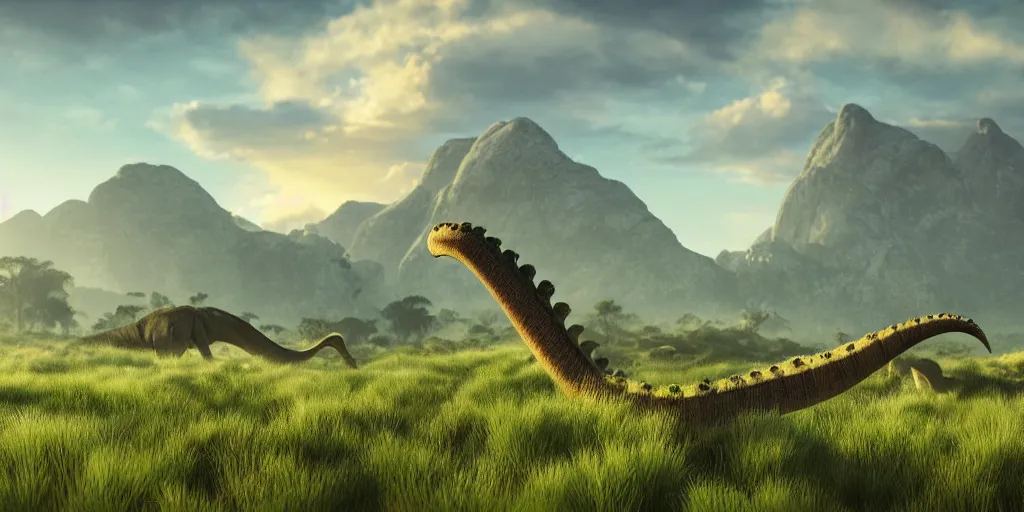 Prompt: a prehistoric fern savanna, a sauropod neck in the background, mountains, clouds, volumetric lighting, hazy, washed out, an award winning digital render, beautiful, ultradetailed, hyperrealistic, great composition