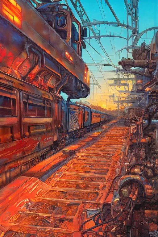 Image similar to trains covered in dripping graffiti paint, by tom lovell and greg staples and hiroshi yoshida and moebius and loish and artgerm, painterly, illustration, sunset lighting