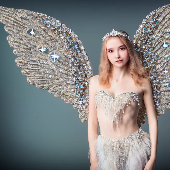 Image similar to photo of a real - life bueatiful angel queen with crystal wings, highly detailed, 4 k, hdr, smooth, sharp focus, high resolution, award - winning photo