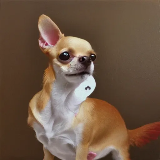 Image similar to chihuahua holding a camera, oil painting