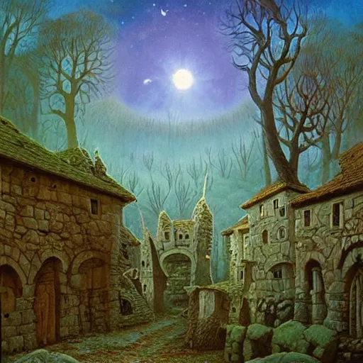 Prompt: a beautiful painting of medieval village, with magical forest, in another galaxy, by david noren and zdzisław beksinski